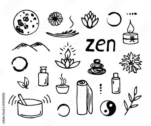 Hand drawn vector set in doodle style. Meditation and relaxation. Harmony of soul and body, unity with nature. Zen elements. Om symbol. Ink sketch.