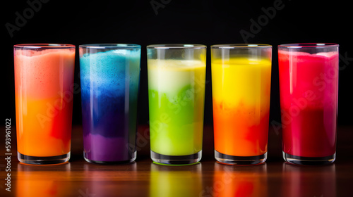 Rainbow display, selection of different smoothies, AI generative multi-colored refreshments