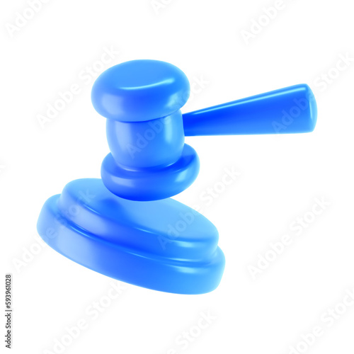 3d blue judge gavel icon isolated on white background. Render of auction hammer and concept of law and judgment. 3d cartoon simple vector illustration.