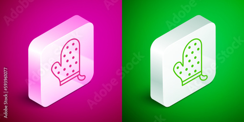 Isometric line Oven glove icon isolated on pink and green background. Kitchen potholder sign. Cooking glove. Silver square button. Vector