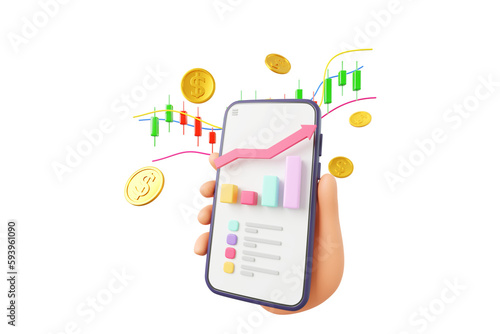 3D Cartoon hand holding smartphone using crypto trading graph symbol, investment stock market, 3D rendering illustration