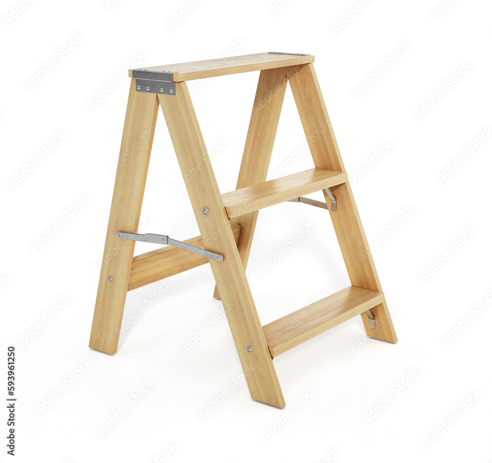 Wooden three step folding ladder. 3D illustration Wooden three step folding ladder. 3D illustration