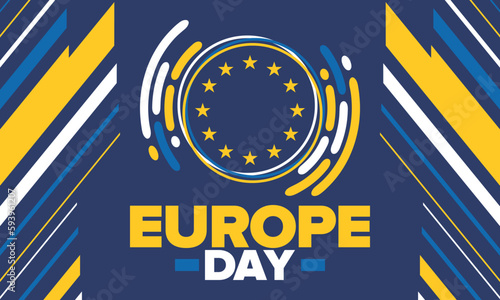 Europe Day. Annual public holiday in May. Is the name of two annual observance days - 5 May by the Council of Europe and 9 May by the European Union. Poster, card, banner and background. Vector