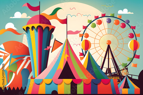 summer carnival with colorful tents and ferris wheel, Generative AI