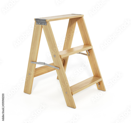 Wooden three step folding ladder. 3D illustration