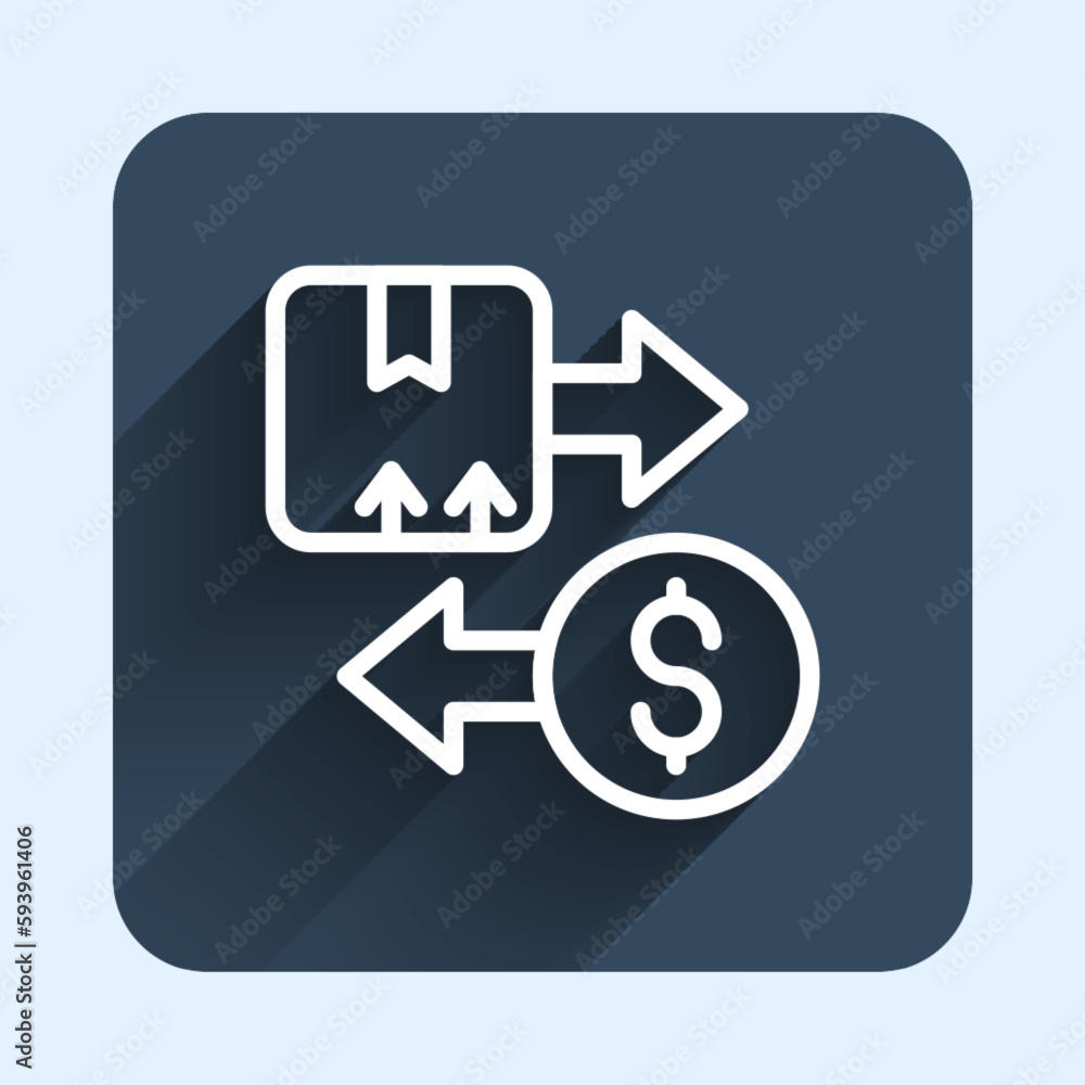White line Tax carton cardboard box icon isolated with long shadow background. Box, package, parcel sign. Delivery and packaging. Blue square button. Vector White line Tax carton cardboard box icon isolated with long shadow background. Box, package, parcel sign. Delivery and packaging. Blue square button. Vector