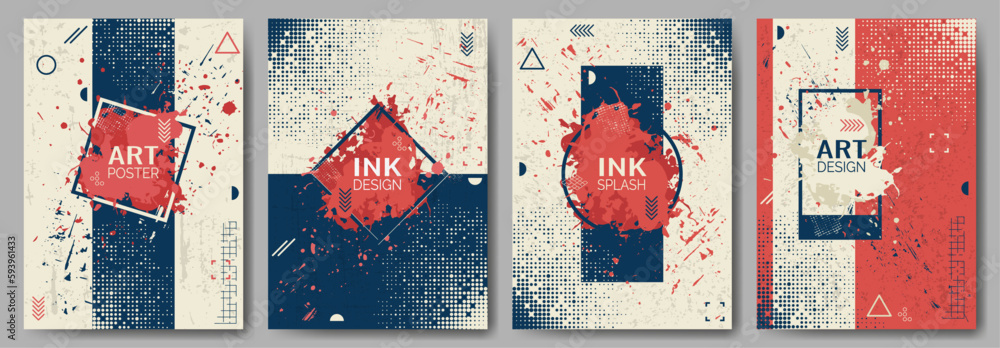 Set of abstract backgrounds. Hand-drawn posters in retro colors. A mess of ink strokes, splashes of paint. Frame for text. Cover design, postcard, magazine, poster, gift card. Vector illustration.