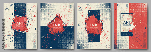 Set of abstract backgrounds. Hand-drawn posters in retro colors. A mess of ink strokes, splashes of paint. Frame for text. Cover design, postcard, magazine, poster, gift card. Vector illustration.