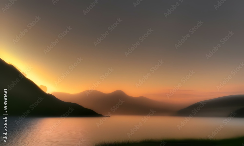 Impressive summer sunrise vs  thunder lightning strike on lake with a beautiful mountain landscape
