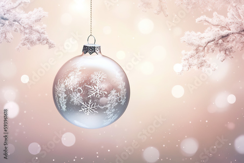 Christmas bauble  ball with fir twigs and sparkling snow  AI generative Xmas greeting background with copy-space  place for text