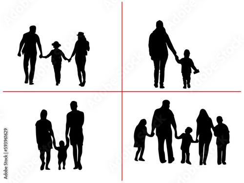 A walking family silhouette vector art, Happy family silhouette set. Black silhouettes of families in walk, vector. Black silhouette family walking on a white background.