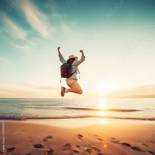 Celebrating life. People jumping on the beach. Sun and sea background. 