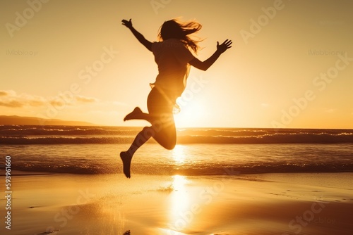 Celebrating life. People jumping on the beach. Sun and sea background. 