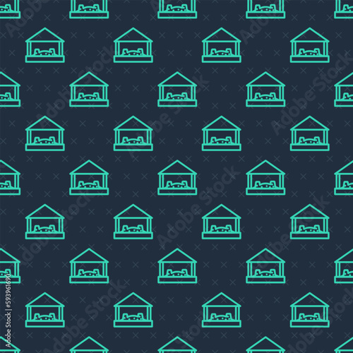 Green line Sandbox for kids with sand and umbrella icon isolated seamless pattern on blue background. Vector