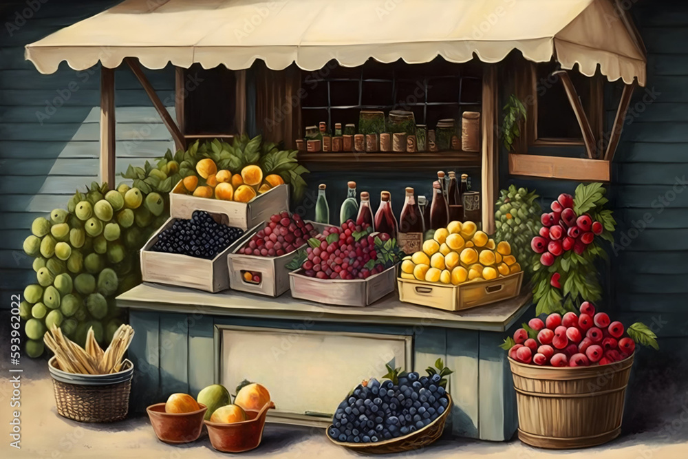 summer fruit stand with fruits, vegetables and berries, Generative AI