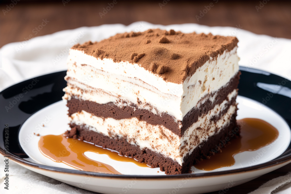 Piece of cake with strawberries and blueberries on a wooden background. Chocolate cake, Tiramisu cake. Generative AI Piece of cake with strawberries and blueberries on a wooden background. Chocolate cake, Tiramisu cake. Generative AI