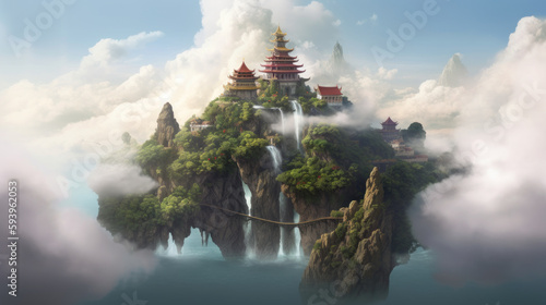 Chinese style Fantasy landscape illustration. Castle and islands floating in the sky. generative AI. © junghc1