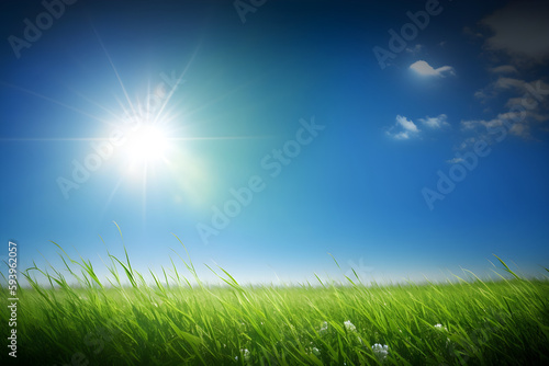 sunny outdoor backdrop with green grass and blue skies, Generative AI