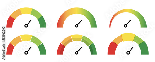 Rating measure scale. Speedometer indicator set. Quality meter with arrow. Feedback rating indicator. Quality icons set. Low and high rating measure. Stock vector
