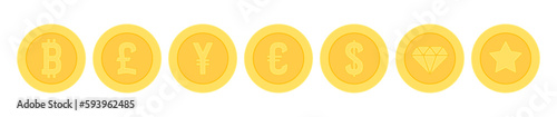 Golden coins with currencies symbols. Vector icons for currency exchange design photo