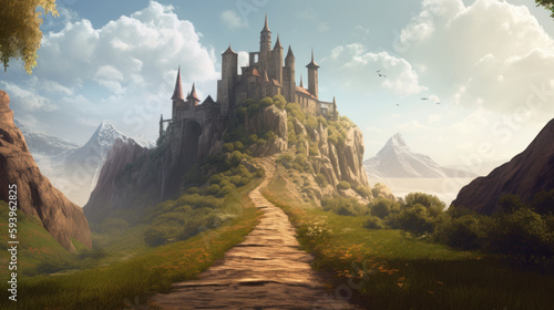 Old fairytale castle on the hill. Fantasy landscape illustration. generative AI. photo
