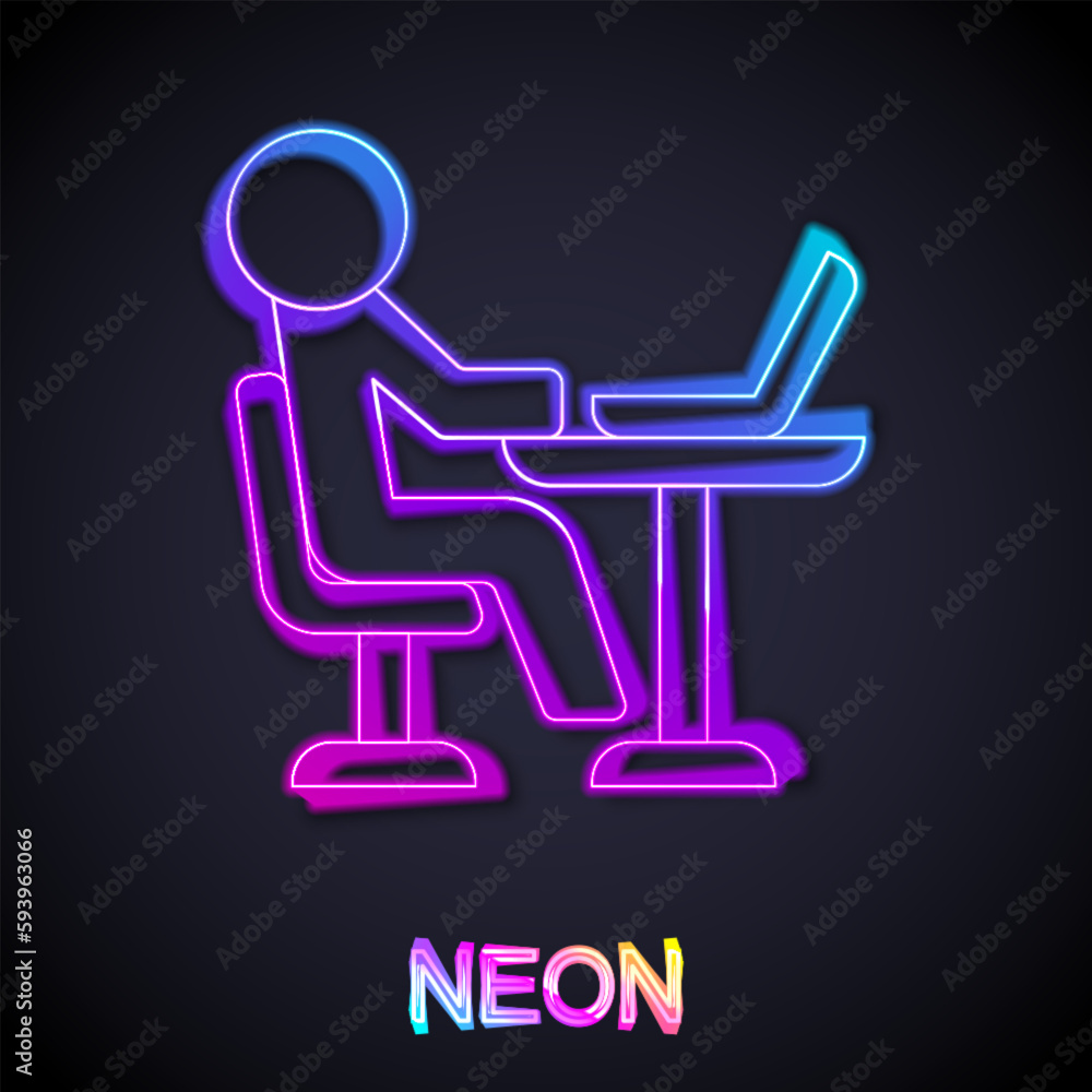 Glowing neon line Freelancer icon isolated on black background. Freelancer man working on laptop at his house. Online working, distant job concept. Vector Glowing neon line Freelancer icon isolated on black background. Freelancer man working on laptop at his house. Online working, distant job concept. Vector