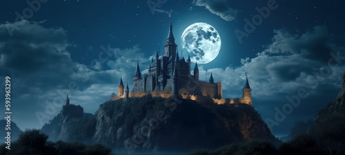 Fantasy castle on the mountain with big moon illuminating. generative AI.