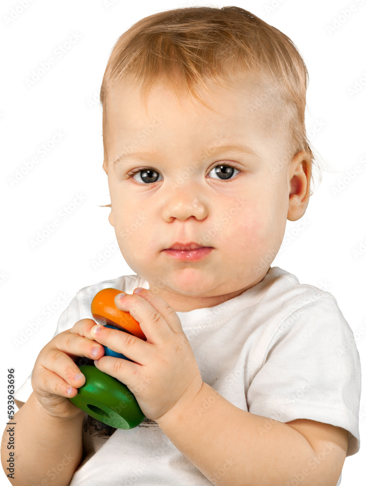 Cute baby boy with toy isolated on white background Cute baby boy with toy isolated on white background