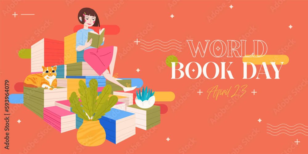 World book day banner on red background. Cute girl reading. red cat and house plant. Greeting card, banner, poster World book day banner on red background. Cute girl reading. red cat and house plant. Greeting card, banner, poster