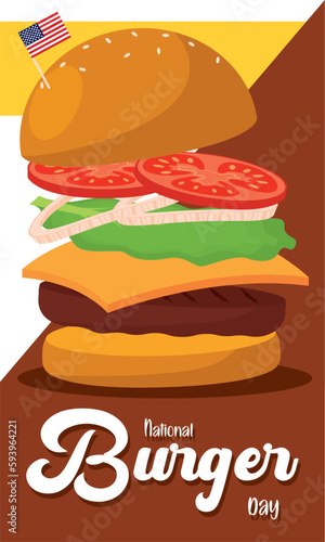 Isolated cartoonish hamburger Colored burger day template Vector