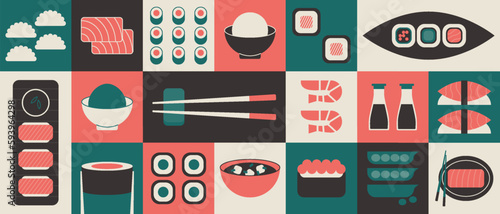 Japanese food geometric banner. Minimal asian seafood background sushi shrimp sashimi salmon rice soup. Vector design