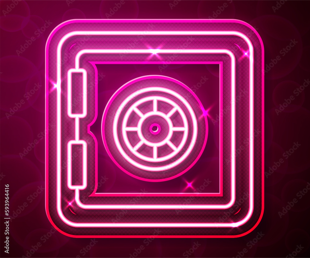 Glowing neon line Safe icon isolated on red background. The door safe a bank vault with a combination lock. Reliable Data Protection. Vector Glowing neon line Safe icon isolated on red background. The door safe a bank vault with a combination lock. Reliable Data Protection. Vector