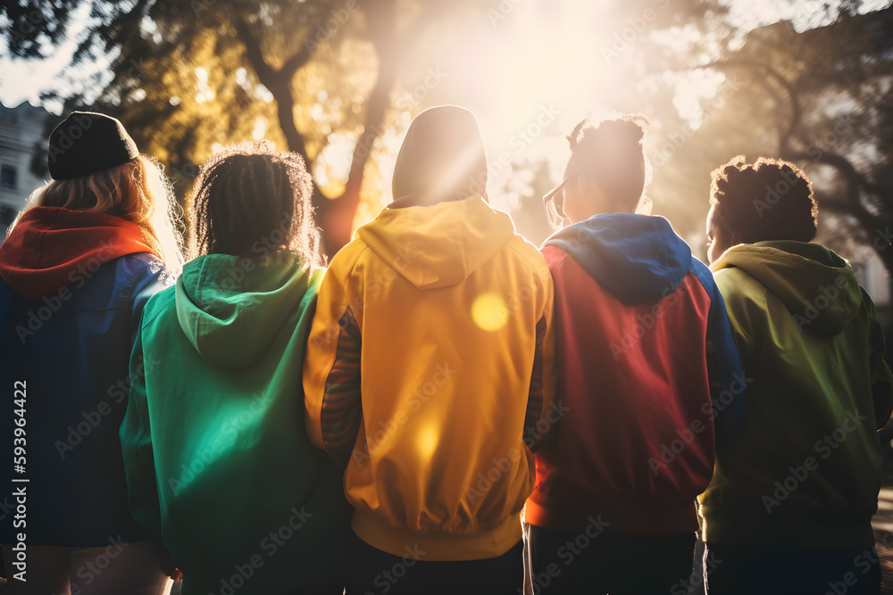 group of people in vibrant clothing hugging each other tightly from the back, symbolizing the importance of support, help, and youth community concept ai generated art