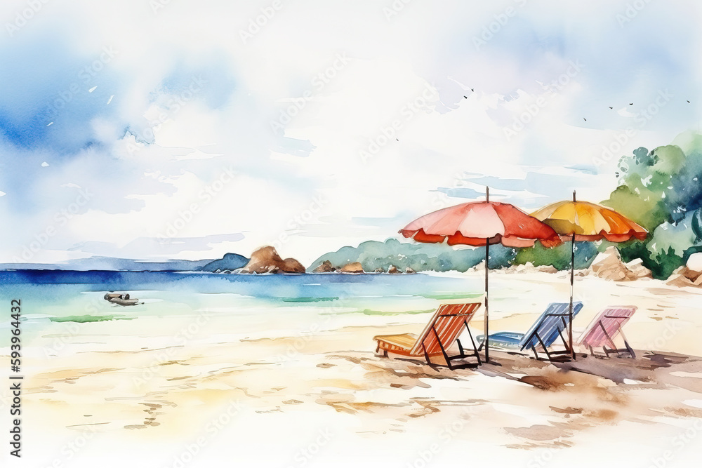 Watercolour summer beach with umbrellas and lounge chairs. Generative AI