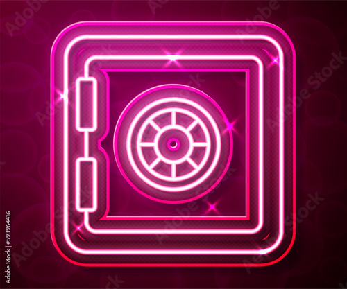 Glowing neon line Safe icon isolated on red background. The door safe a bank vault with a combination lock. Reliable Data Protection. Vector