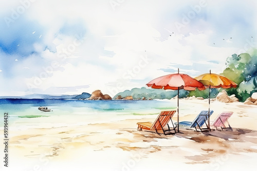 Watercolour summer beach with umbrellas and lounge chairs. Generative AI
