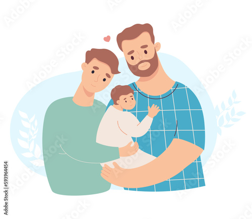 Happy lgbt family. Cute fair-skinned mans with baby in his arms and loving guy partner. Vector illustration in flat style. Parent, parenthood, fathers and family day concept.