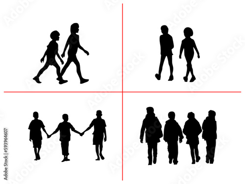 Black silhouette group of children walking vector. Black silhouette children walking together vector illustration. Black silhouette children walking on a white background.