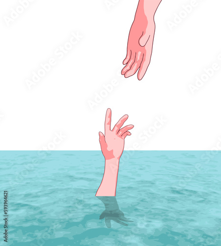 Help hand for drowning person. Life saving in sea or ocean. Psychology support