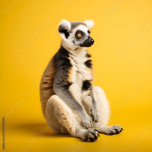 lemur sitting upright facing right isolated on plain yellow studio background, made with generative ai  © Ricky