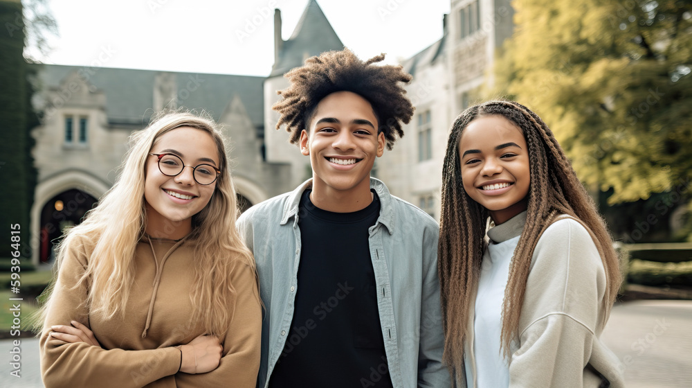A fictional person. Confident Gen Z College Students on Vibrant University Campus A fictional person. Confident Gen Z College Students on Vibrant University Campus