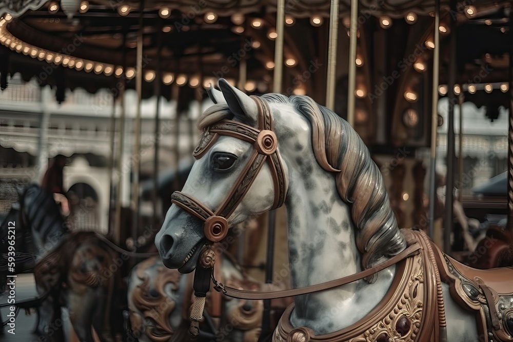 Horses in a charming retro carrousel at the funfair, generative ai