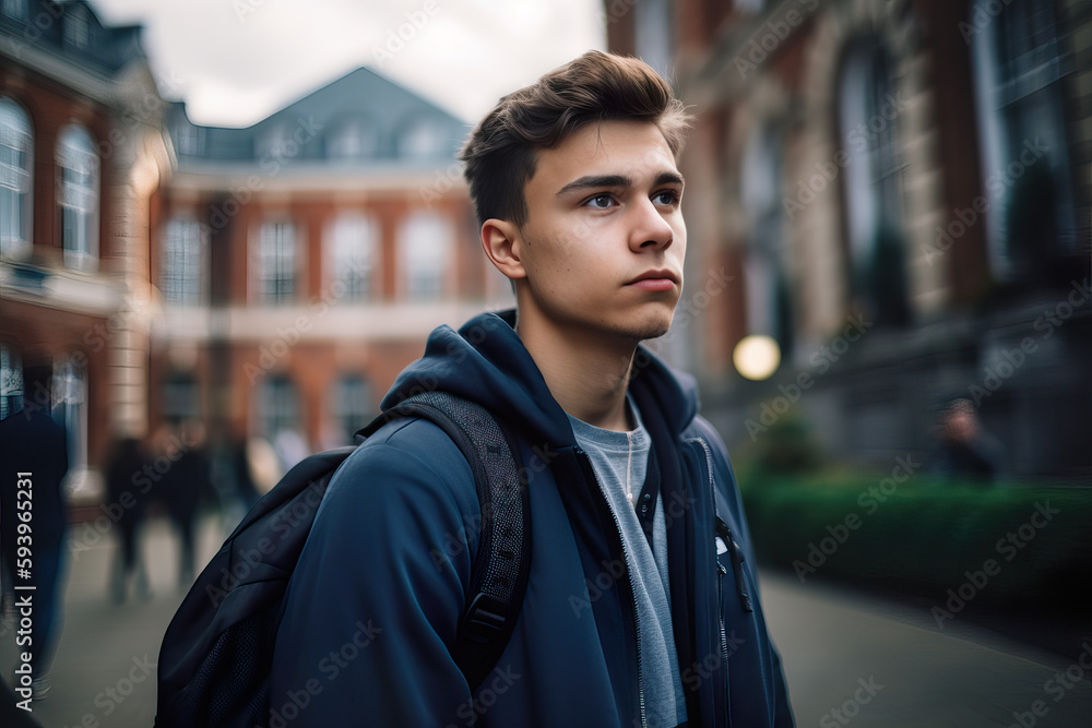 Fototapeta premium A fictional person. Confident male college student on vibrant university campus