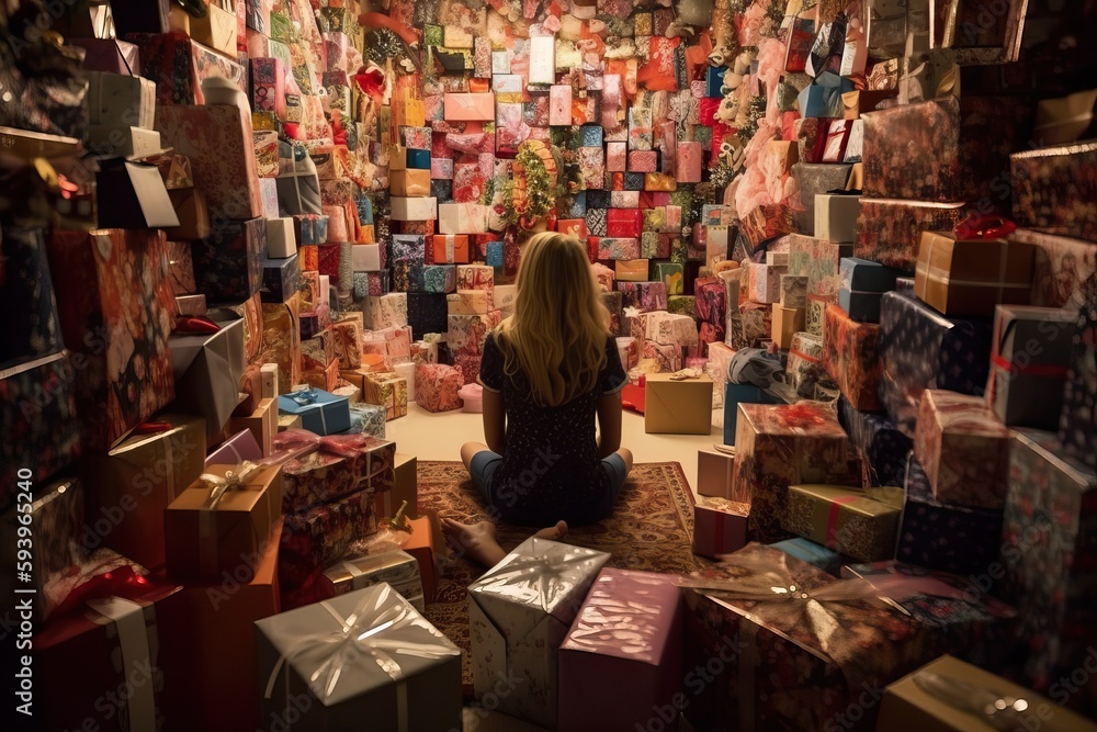 Kid in a room full to the brim of presents, generative ai