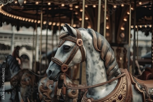 Horses in a charming retro carrousel at the funfair, generative ai © FrankBoston