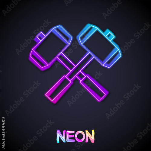 Glowing neon line Medieval crossed battle hammers icon isolated on black background. Vector