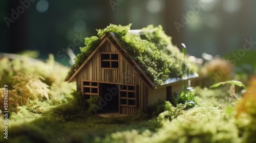 wooden model house with moss. eco friendly