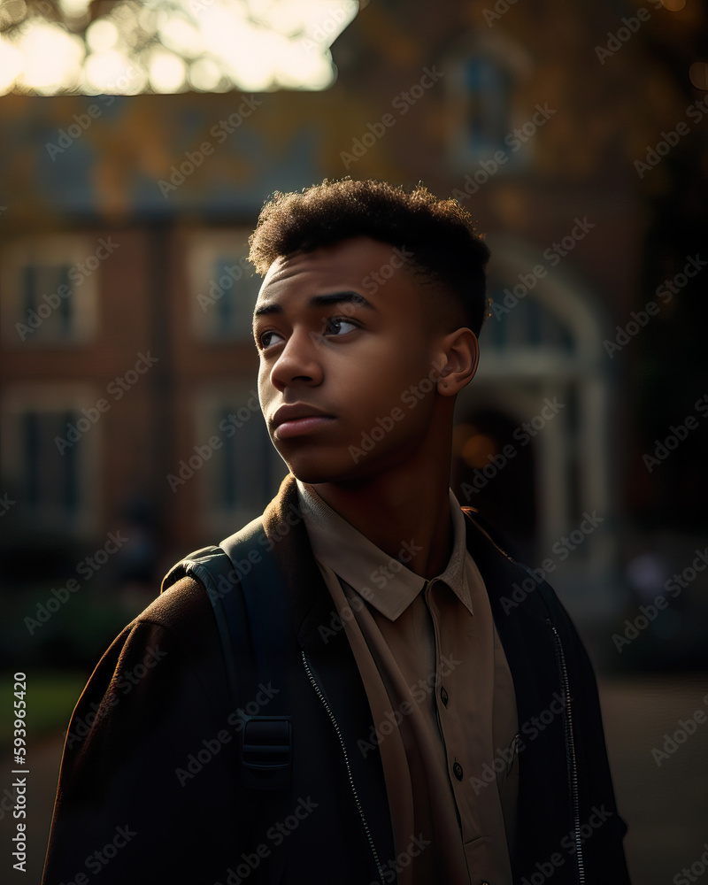 Fototapeta premium A fictional person. Confident male college student on vibrant university campus