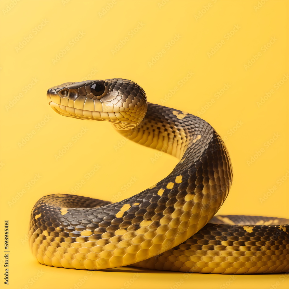 coiled snake facing left, isolated on plain yellow studio background, made with generative ai coiled snake facing left, isolated on plain yellow studio background, made with generative ai