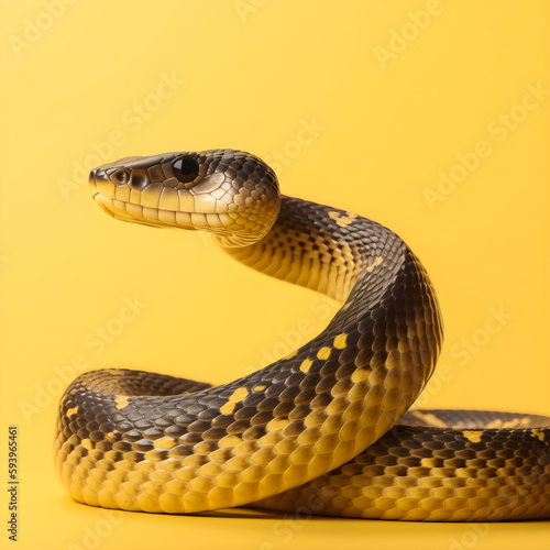 coiled snake facing left, isolated on plain yellow studio background, made with generative ai 